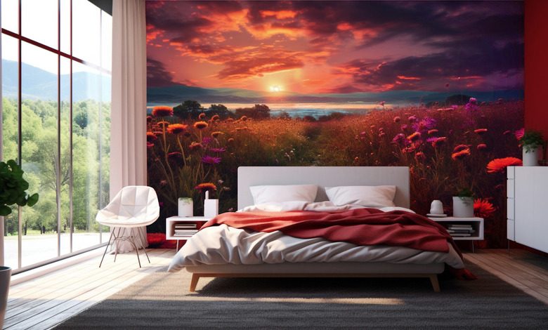 sunset over the meadows bedroom wallpaper mural photo wallpapers demural