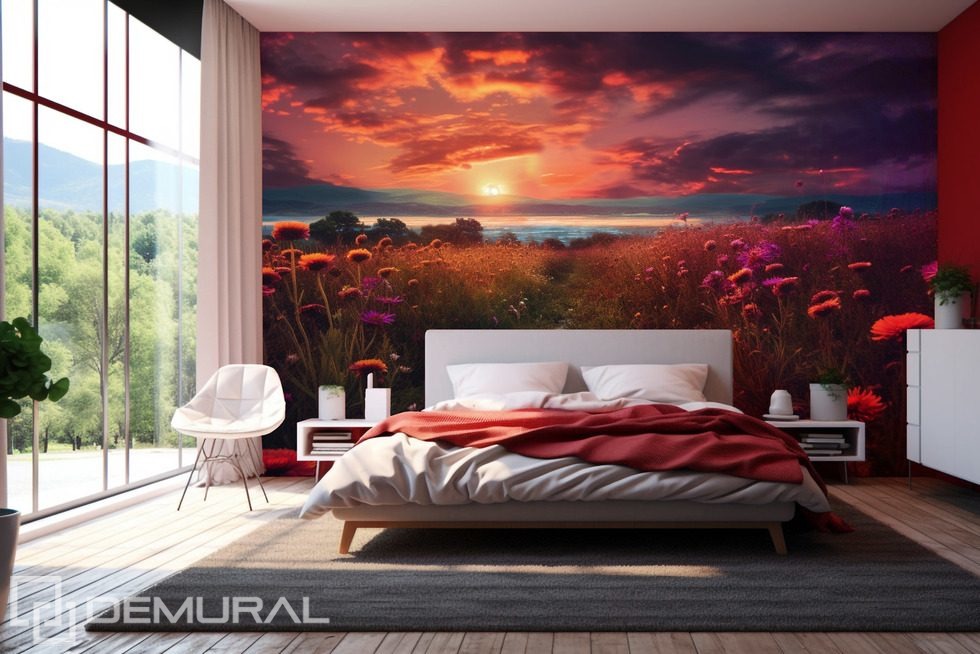 Sunset over the meadows Bedroom wallpaper mural Photo wallpapers Demural