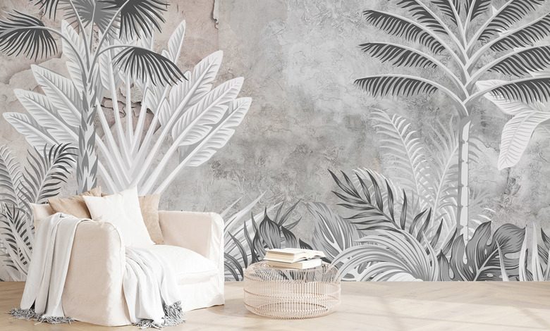 tropical elegance in beige and gray living room wallpaper mural photo wallpapers demural