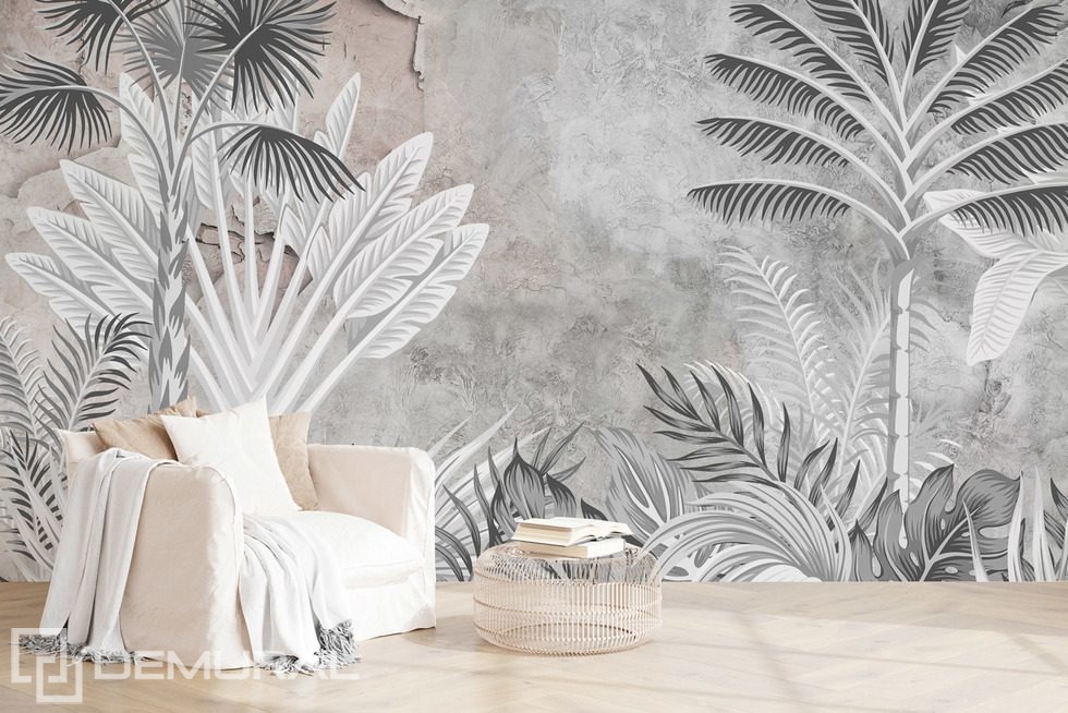 Tropical elegance in beige and gray Living room wallpaper mural Photo wallpapers Demural