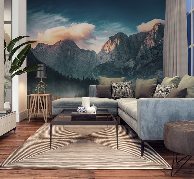 mountain landscape at sunset living room wallpaper mural photo wallpapers demural