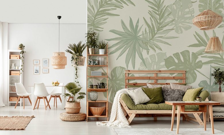 tropical accent in the living room living room wallpaper mural photo wallpapers demural