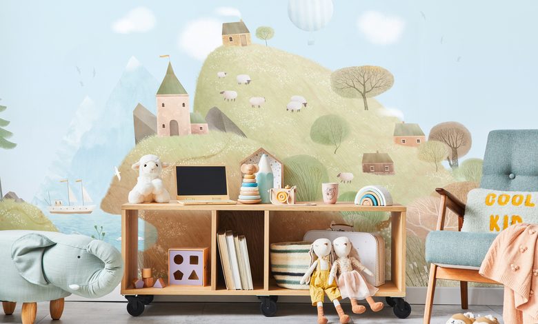 pastel hills and sheep in a fairytale world childs room wallpaper mural photo wallpapers demural