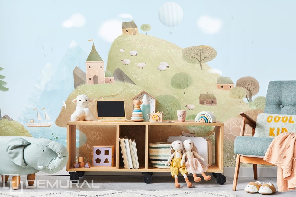 Pastel hills and sheep in a fairytale world Child's room wallpaper mural Photo wallpapers Demural
