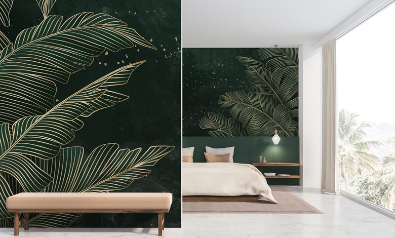 golden leaves on an emerald tropical background bedroom wallpaper mural photo wallpapers demural
