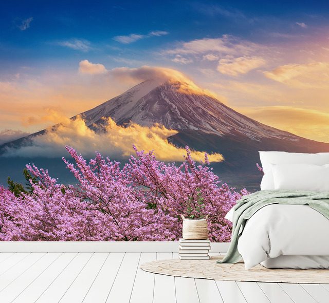 volcanic harmony with blooming cherry blossoms landscapes wallpaper mural photo wallpapers demural