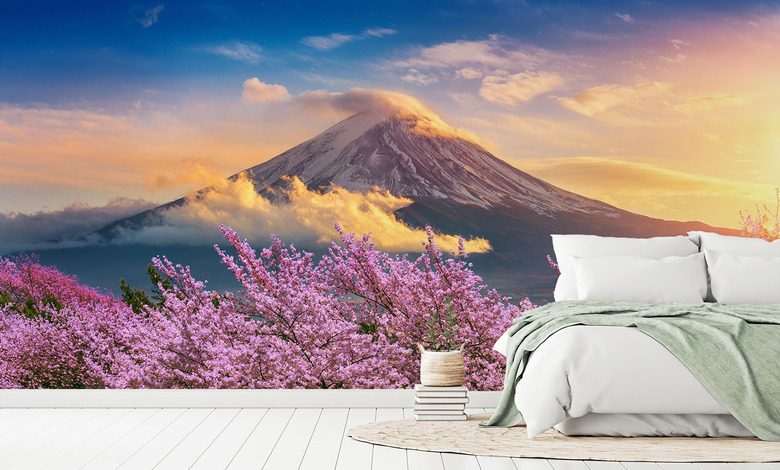 volcanic harmony with blooming cherry blossoms landscapes wallpaper mural photo wallpapers demural