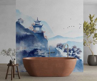 oriental temple in blue watercolor oriental wallpaper mural photo wallpapers demural