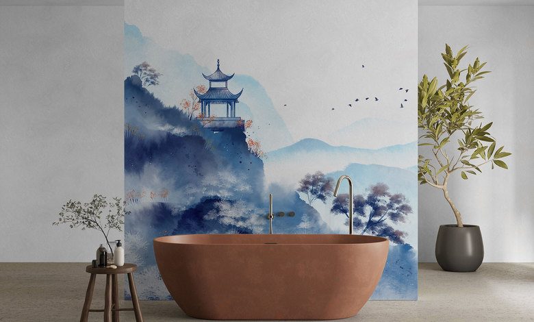 oriental temple in blue watercolor oriental wallpaper mural photo wallpapers demural