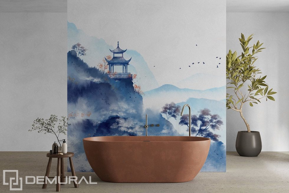 Oriental Temple in Blue Watercolor Oriental wallpaper mural Photo wallpapers Demural