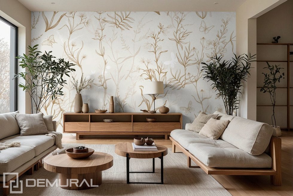 Golden Meadow Plants on a Light Background Living room wallpaper mural Photo wallpapers Demural