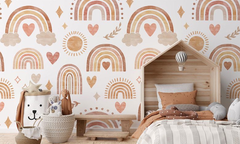 pastel rainbows and little hearts for a child childs room wallpaper mural photo wallpapers demural