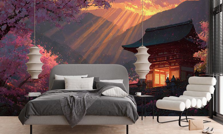 japanese temple in the glow of sunset oriental wallpaper mural photo wallpapers demural