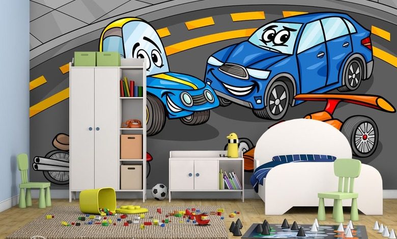 playing with cars boys room wallpaper mural photo wallpapers demural