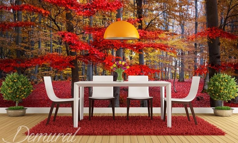 red leaves on a tree forest wallpaper mural photo wallpapers demural