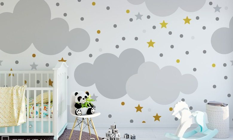 swinging in the childish clouds childs room wallpaper mural photo wallpapers demural