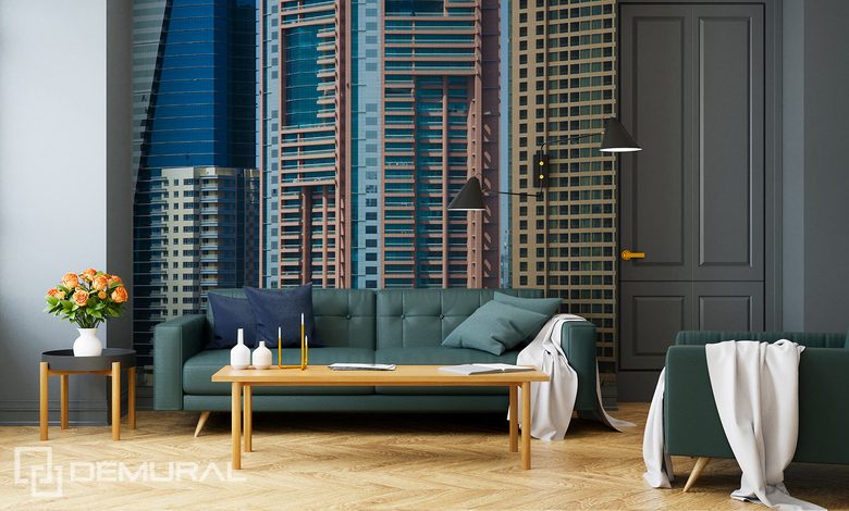 a living room with an urban character cities wallpaper mural photo wallpapers demural