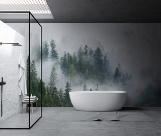 admire the misty forest from afar bathroom wallpaper mural photo wallpapers demural
